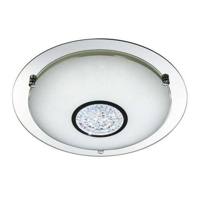 Searchlight Chrome 24 LED Flush Light With White Glass Shade & Crystal Inner Decoration - Comet Lighting