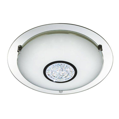 Searchlight Chrome 36 LED Flush Light With White Glass Shade & Crystal Inner Decoration - Comet Lighting