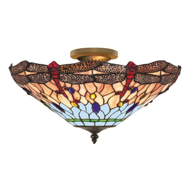 Searchlight Dragonfly Brass 3 Light Semi-Flush Glass - Comet Lighting