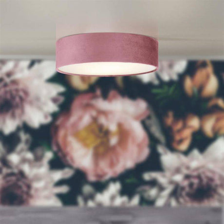 Searchlight Drum 2 3Lt Flush Ceiling Light - Pink Velvet Shade - Comet Lighting