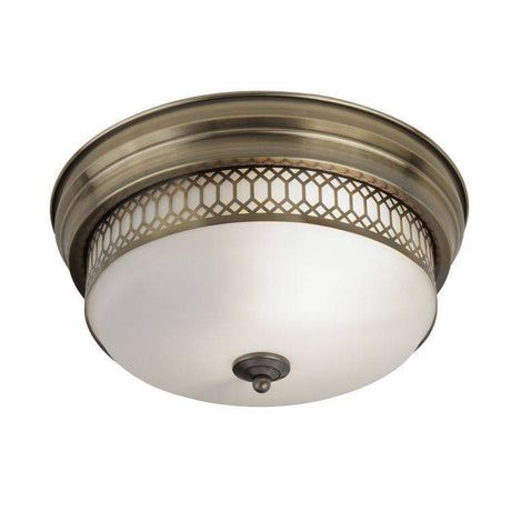 Searchlight Edinburgh 2Lt Flush - Antique Brass With Opal Glass. IP44 - Comet Lighting