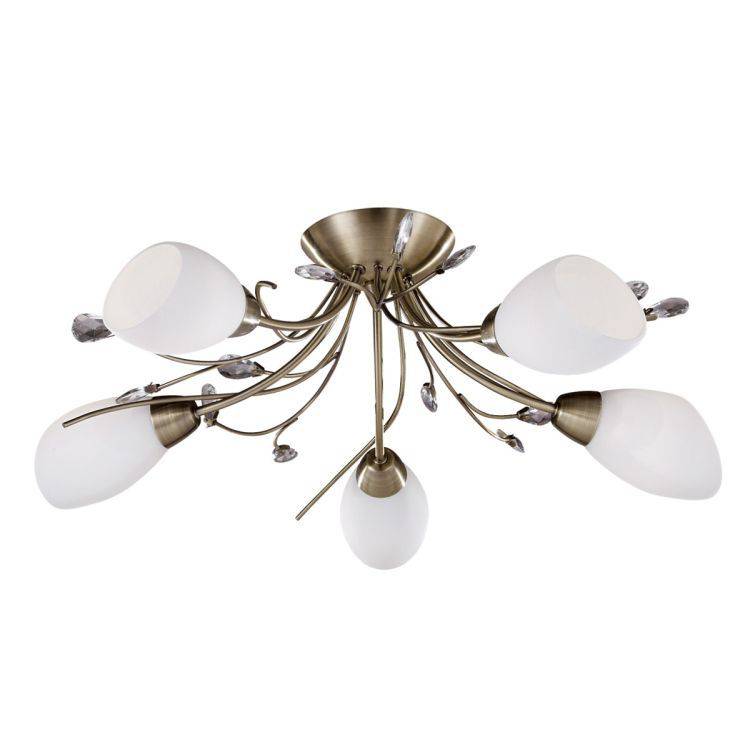 Searchlight Gardenia 5Lt Flush Ceiling Light - Antique Brass & Glass - Comet Lighting