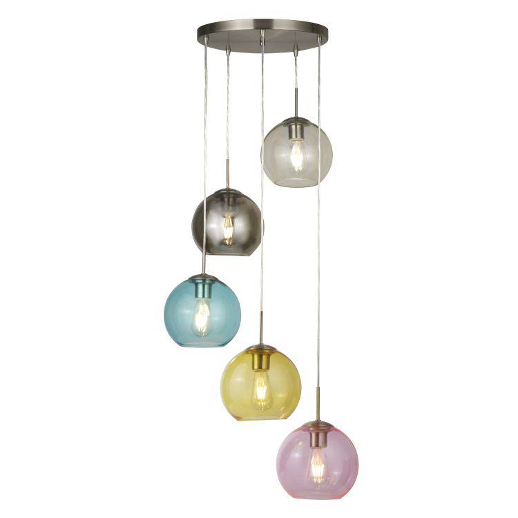 Searchlight Mardi Gras 5Lt Pendant| Satin Silver With Multi Coloured Glass - Comet Lighting