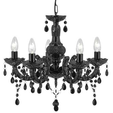 Searchlight Marie Therese Black 5 Light Chandelier Glass Drops - Comet Lighting