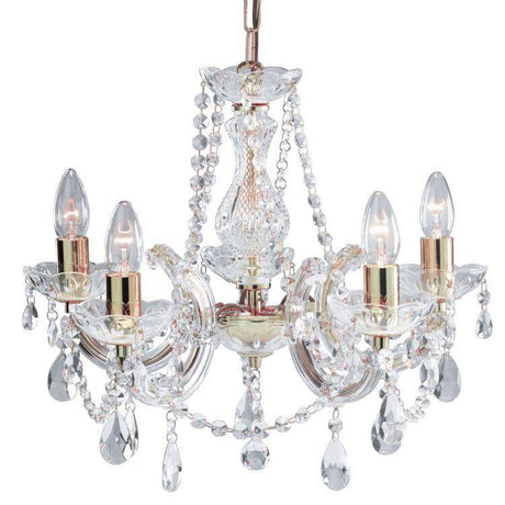 Searchlight Marie Therese Brass 5 Light Chandelier Crystal Drops - Comet Lighting