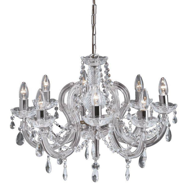 Searchlight Marie Therese Chrome 8 Light Chandelier Crystal Drops - Comet Lighting