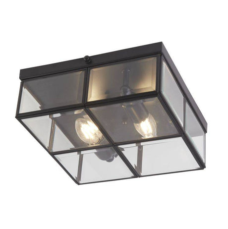 Searchlight Matt Black 2 Light Flush Fitting With Clear Bevelled Glass Shade - Comet Lighting