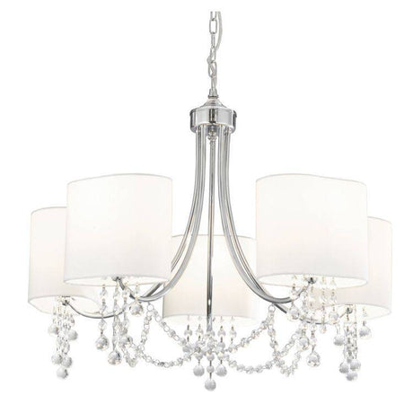 Searchlight Nina Chrome 5 Light Crystal Beads White Shades - Comet Lighting