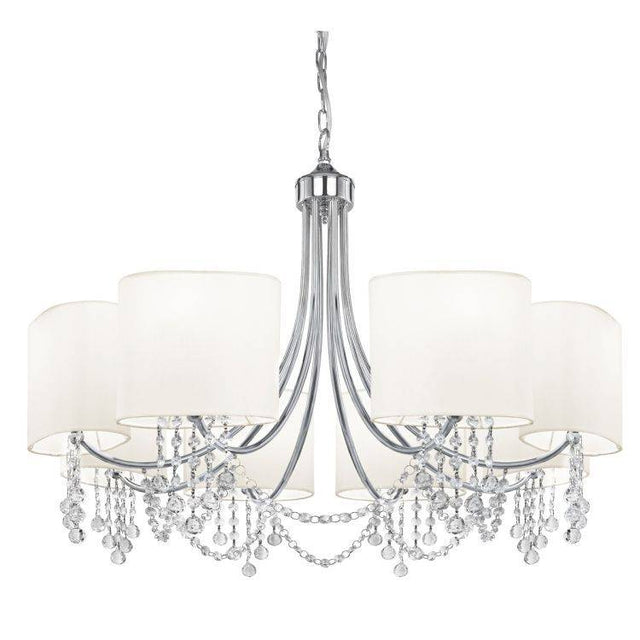 Searchlight Nina Chrome 8 Light Crystal Beads White Fabric Shades - Comet Lighting