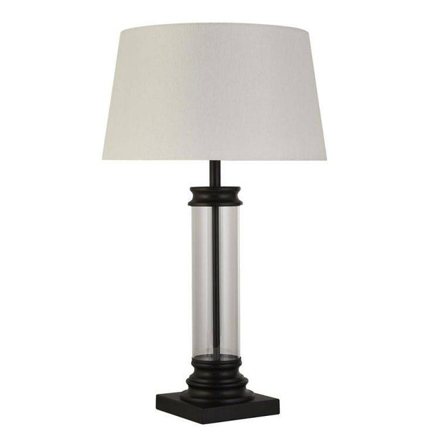 Searchlight Pedestal Table Lamp - Black Metal| Glass & Fabric Shade - Comet Lighting