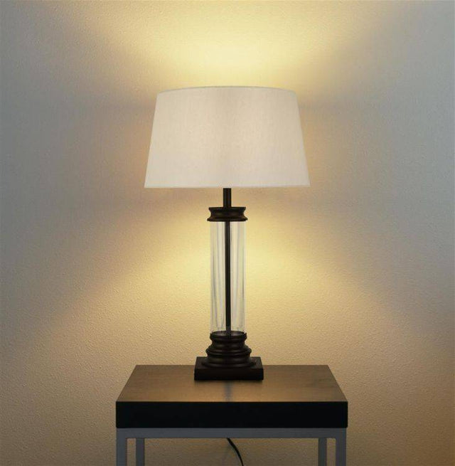 Searchlight Pedestal Table Lamp - Black Metal| Glass & Fabric Shade - Comet Lighting