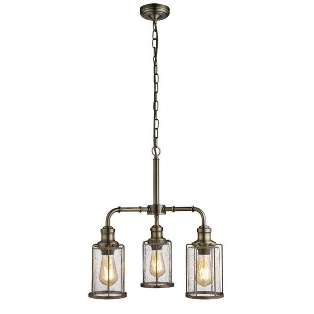 Searchlight Pipes 3Lt Pendant - Antique Brass With Seeded Glass - Comet Lighting