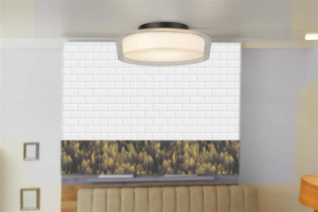 Searchlight Puck Flush Bathroom Ceiling Light - Black Metal & Opal| IP44 - Comet Lighting