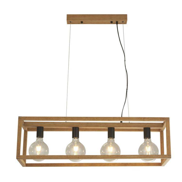 Searchlight Square 4Lt Pendant Ceiling Light - Wood & Black Metal - Comet Lighting