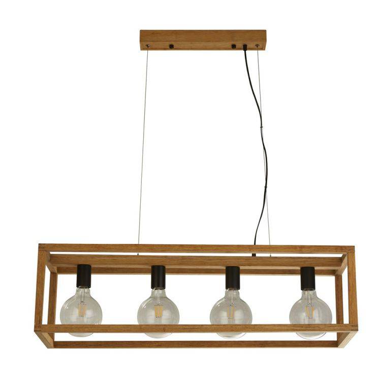 Searchlight Square 4Lt Pendant Ceiling Light - Wood & Black Metal - Comet Lighting