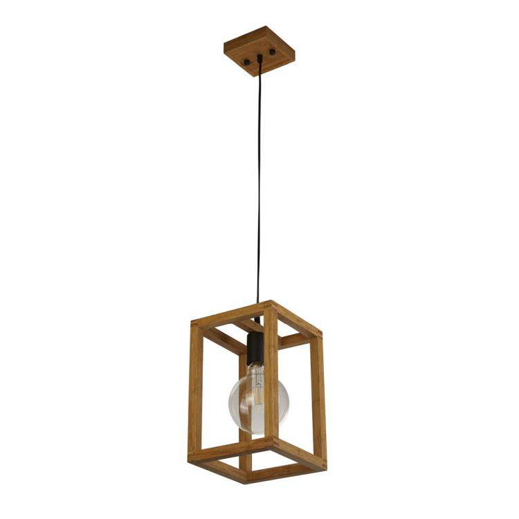 Searchlight Square Pendant Ceiling Light - Wood & Black Metal - Comet Lighting