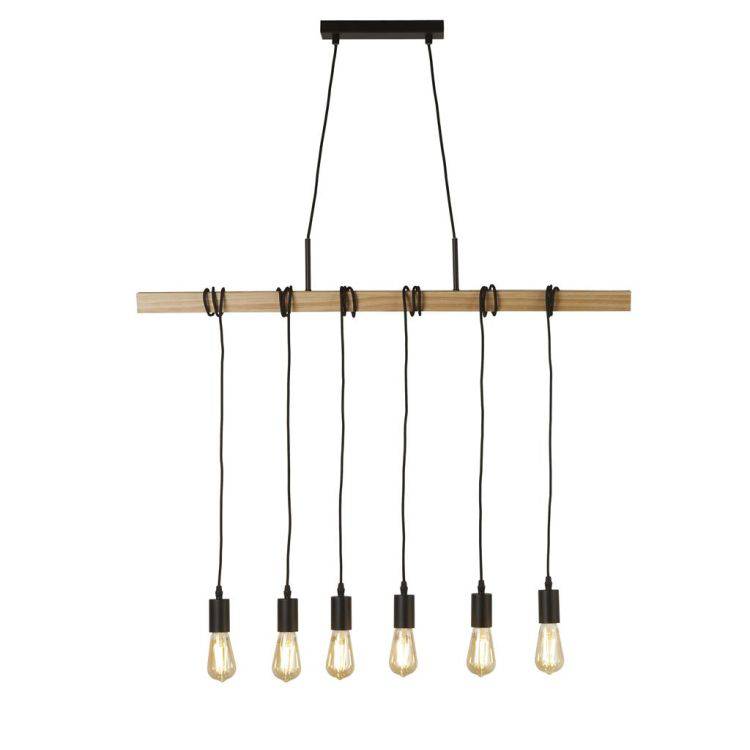 Searchlight Woody 6Lt Bar Ceiling Pendant -Wood & Black Metal - Comet Lighting