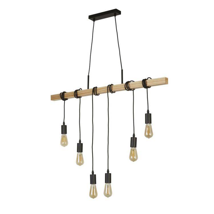 Searchlight Woody 6Lt Bar Ceiling Pendant -Wood & Black Metal - Comet Lighting