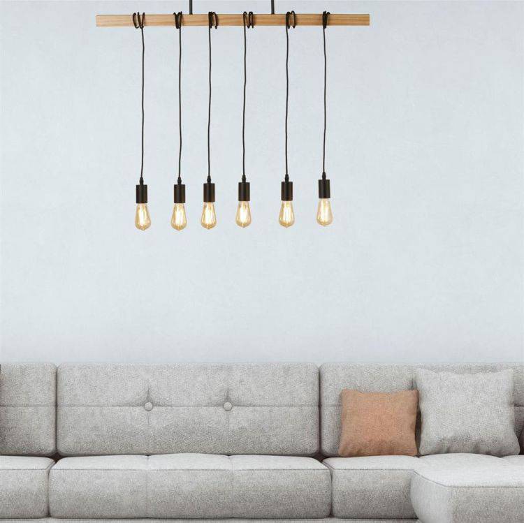 Searchlight Woody 6Lt Bar Ceiling Pendant -Wood & Black Metal - Comet Lighting