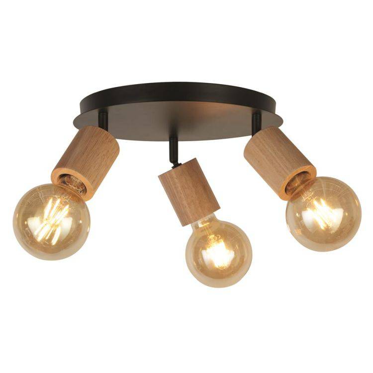 Spinny 3Lt Round Spotlight- Wood & Black Metal - Comet Lighting