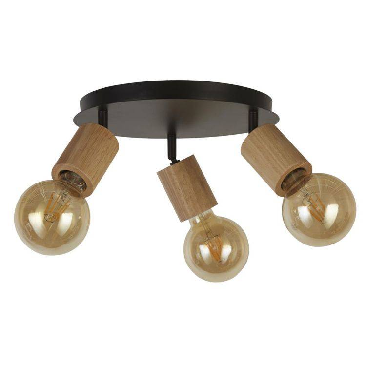 Spinny 3Lt Round Spotlight- Wood & Black Metal - Comet Lighting