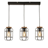 Vision 3Lt Cage Bar Pendant - Matt Black & Wood - Comet Lighting