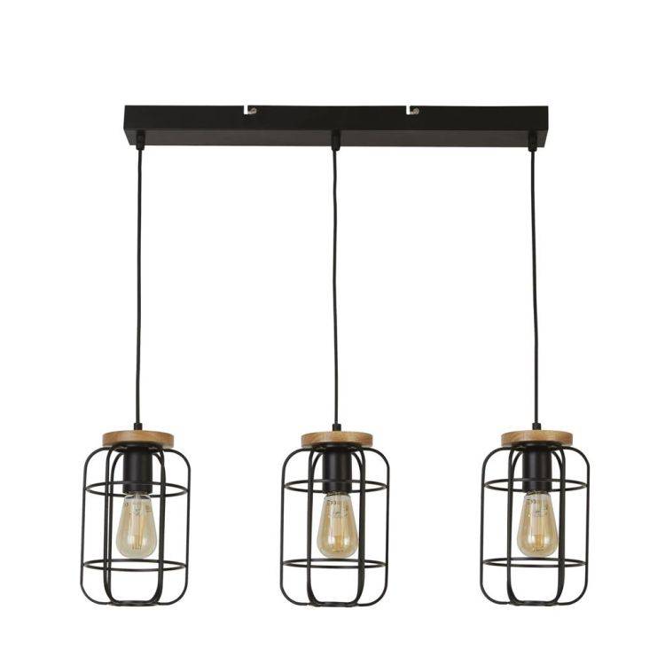 Vision 3Lt Cage Bar Pendant - Matt Black & Wood - Comet Lighting