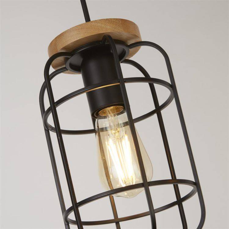 Vision 3Lt Cage Bar Pendant - Matt Black & Wood - Comet Lighting