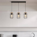 Vision 3Lt Cage Bar Pendant - Matt Black & Wood - Comet Lighting