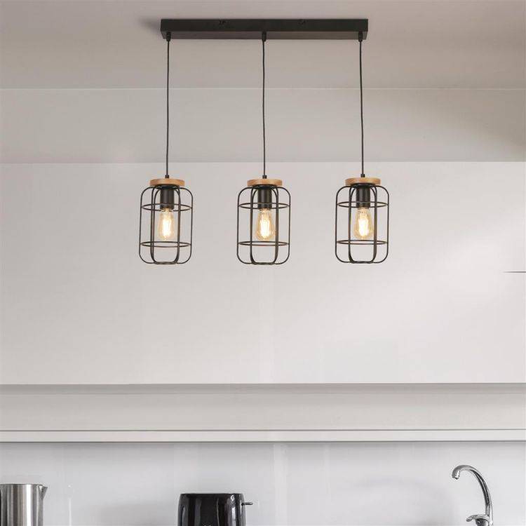 Vision 3Lt Cage Bar Pendant - Matt Black & Wood - Comet Lighting