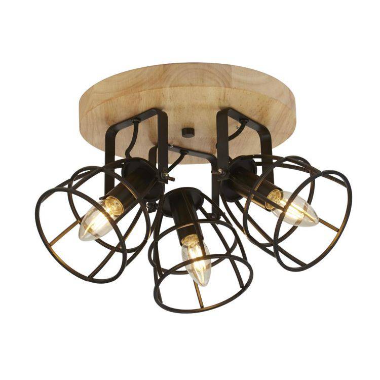 Vision 3Lt Cage Semi-Flush - Matt Black & Wood - Comet Lighting