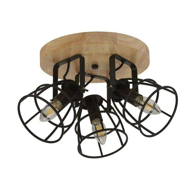 Vision 3Lt Cage Semi-Flush - Matt Black & Wood - Comet Lighting