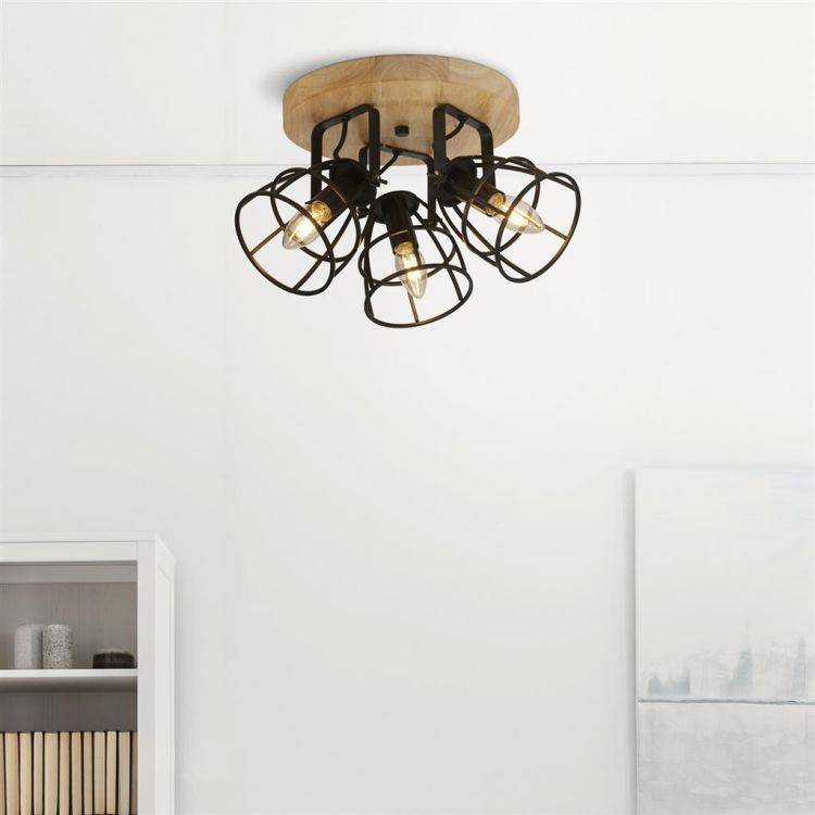 Vision 3Lt Cage Semi-Flush - Matt Black & Wood - Comet Lighting