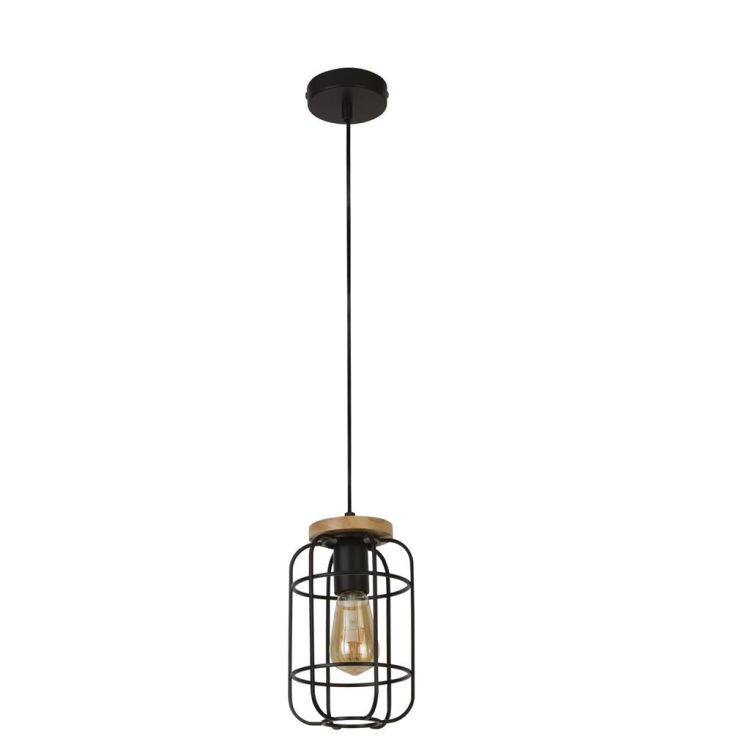 Vision Cage Pendant - Matt Black & Wood - Comet Lighting