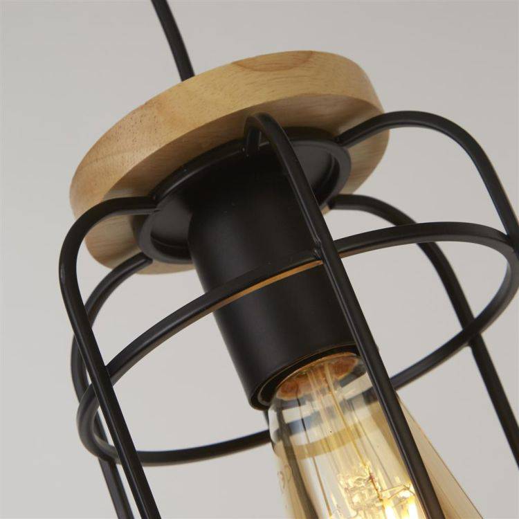 Vision Cage Pendant - Matt Black & Wood - Comet Lighting