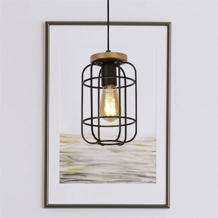 Vision Cage Pendant - Matt Black & Wood - Comet Lighting