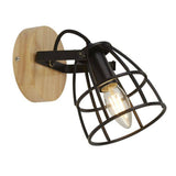 Vision Cage Round Wall Light - Matt Black & Wood - Comet Lighting