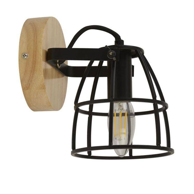 Vision Cage Round Wall Light - Matt Black & Wood - Comet Lighting