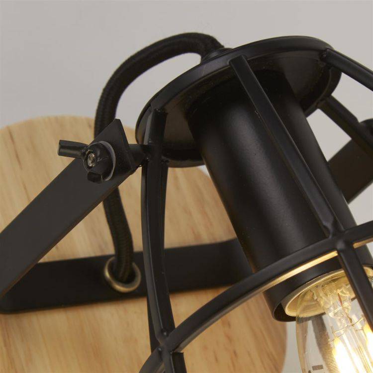 Vision Cage Round Wall Light - Matt Black & Wood - Comet Lighting