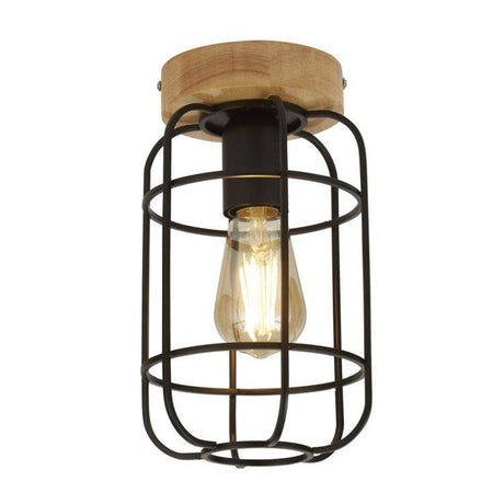 Vision Cage Semi-Flush - Matt Black & Wood - Comet Lighting