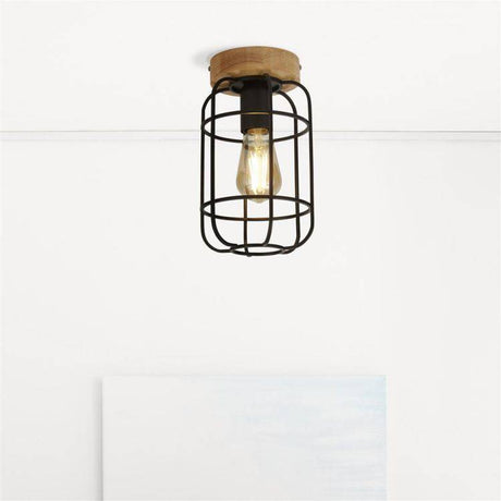 Vision Cage Semi-Flush - Matt Black & Wood - Comet Lighting