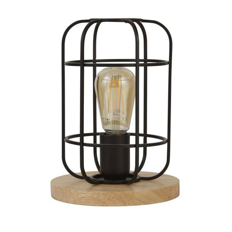 Vision Cage Table Lamp - Matt Black & Wood - Comet Lighting