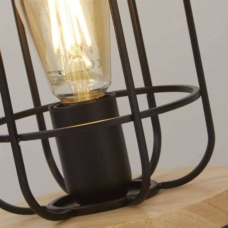 Vision Cage Table Lamp - Matt Black & Wood - Comet Lighting