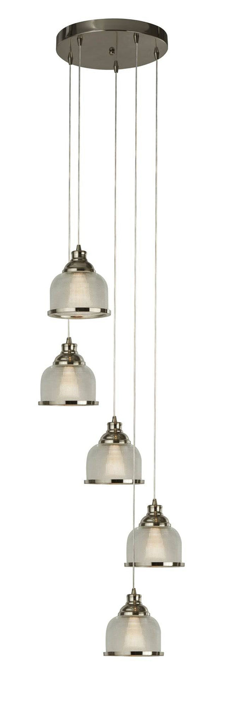 Bistro II 5Lt Pendant - Satin Silver & Holophane Style Glass - Comet Lighting