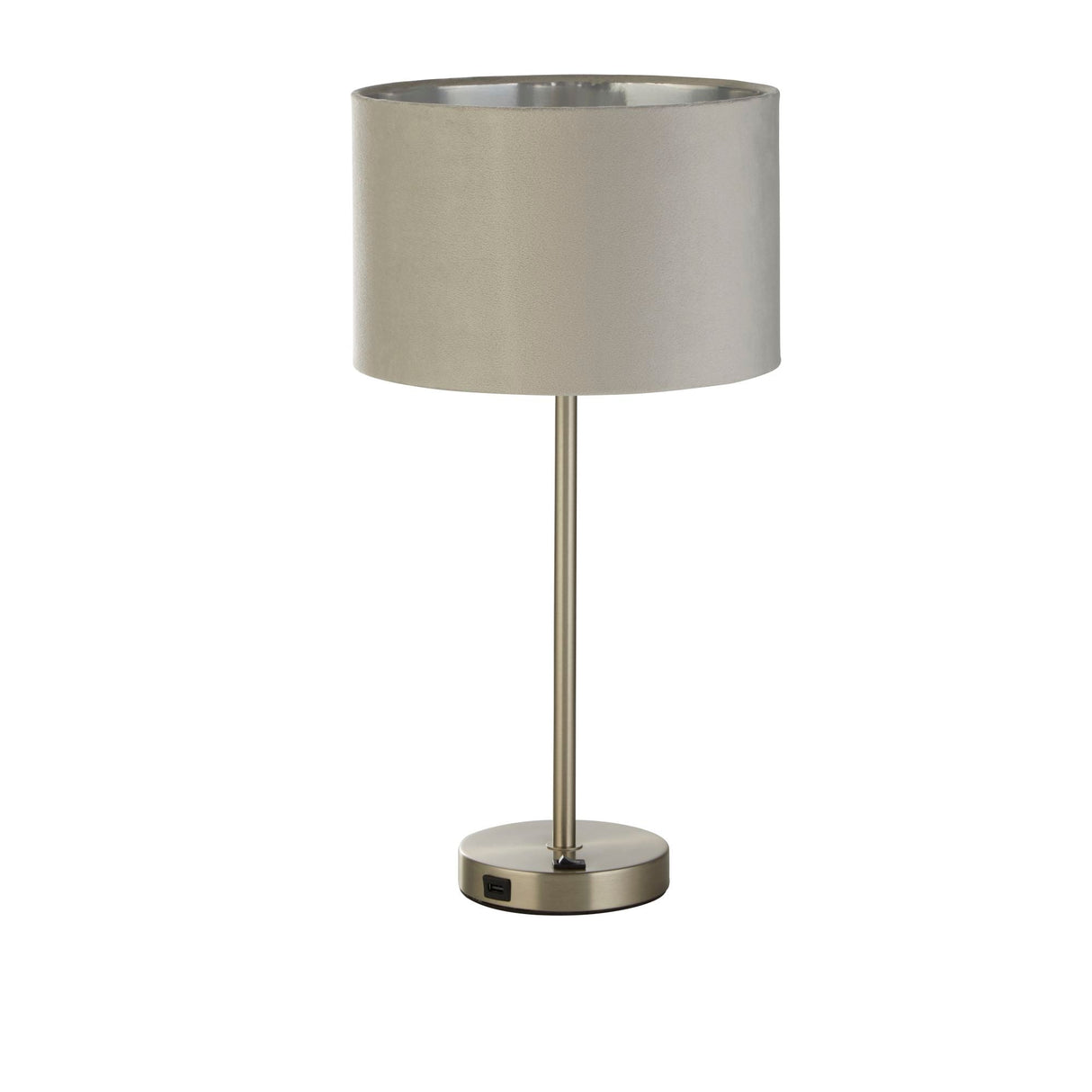 Finn USB Table Lamp - Satin Nickel Metal & Grey Velvet Shade - Comet Lighting