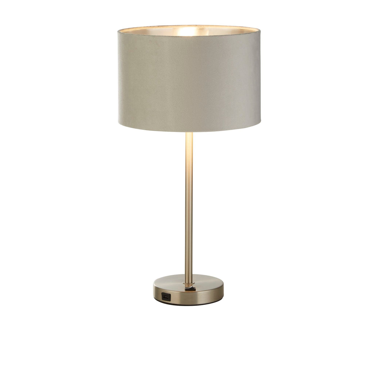 Finn USB Table Lamp - Satin Nickel Metal & Grey Velvet Shade - Comet Lighting