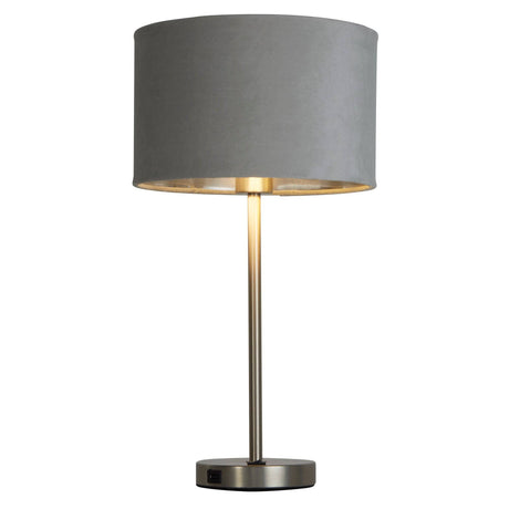 Finn USB Table Lamp - Satin Nickel Metal & Grey Velvet Shade - Comet Lighting