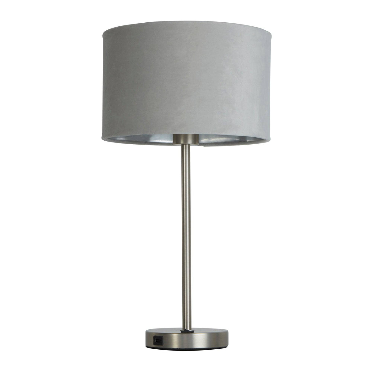 Finn USB Table Lamp - Satin Nickel Metal & Grey Velvet Shade - Comet Lighting