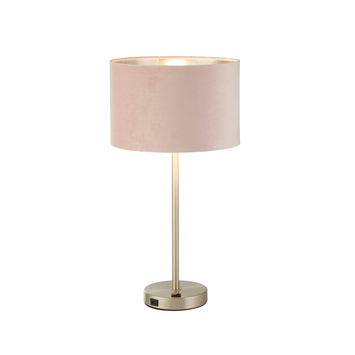 Finn USB Table Lamp - Satin Nickel Metal & Pink Velvet Shade - Comet Lighting