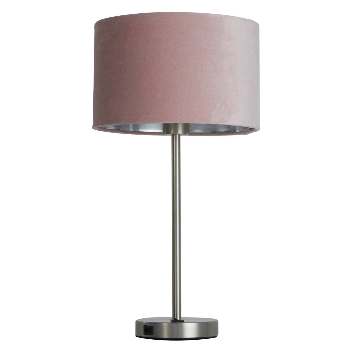 Finn USB Table Lamp - Satin Nickel Metal & Pink Velvet Shade - Comet Lighting